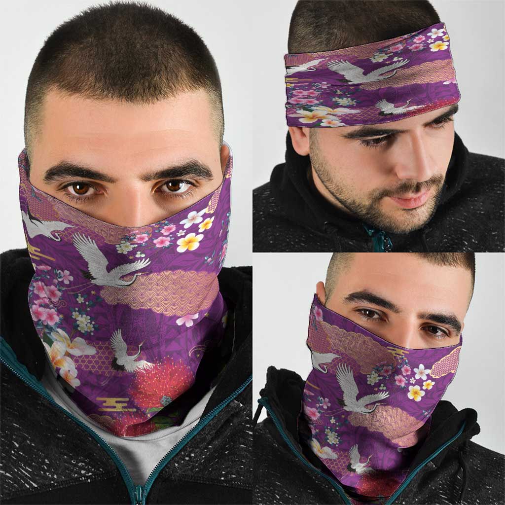Hawaiian and Japanese Culture Together Neck Gaiter Purple Ohia Lehua Plumeria and Sakura Blooming - Polynesian Pride