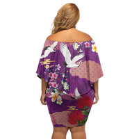 Hawaiian and Japanese Culture Together Off Shoulder Short Dress Purple Ohia Lehua Plumeria and Sakura Blooming LT03 - Polynesian Pride