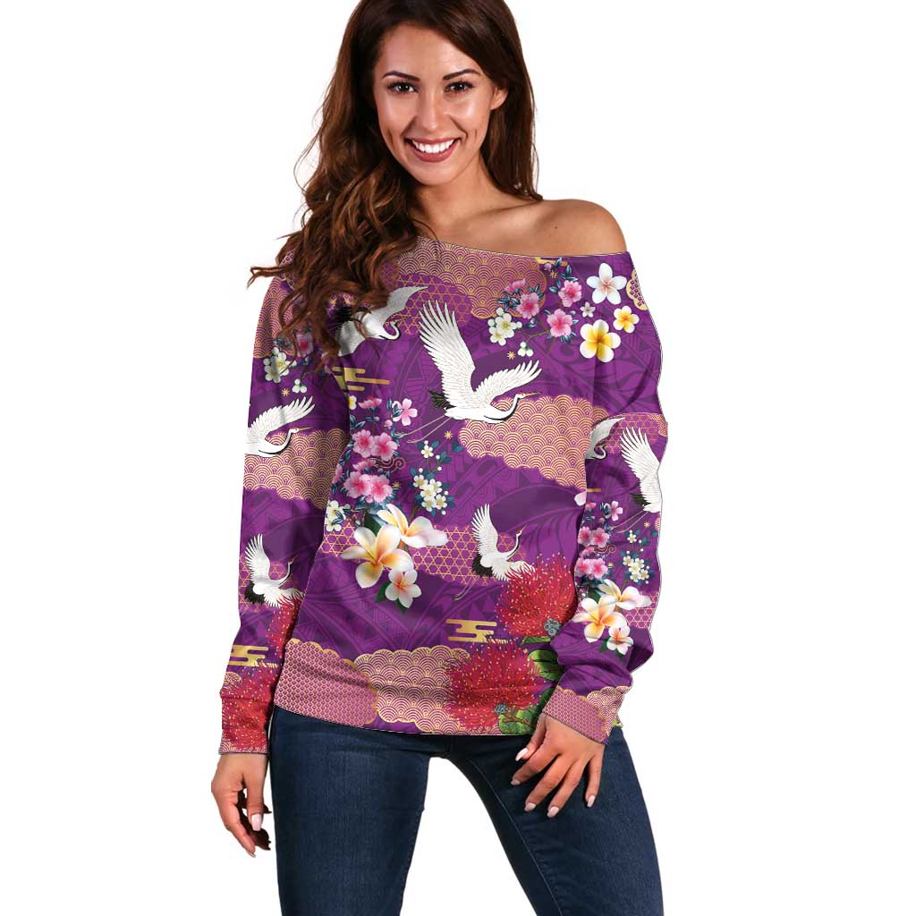 Hawaiian and Japanese Culture Together Off Shoulder Sweater Purple Ohia Lehua Plumeria and Sakura Blooming - Polynesian Pride