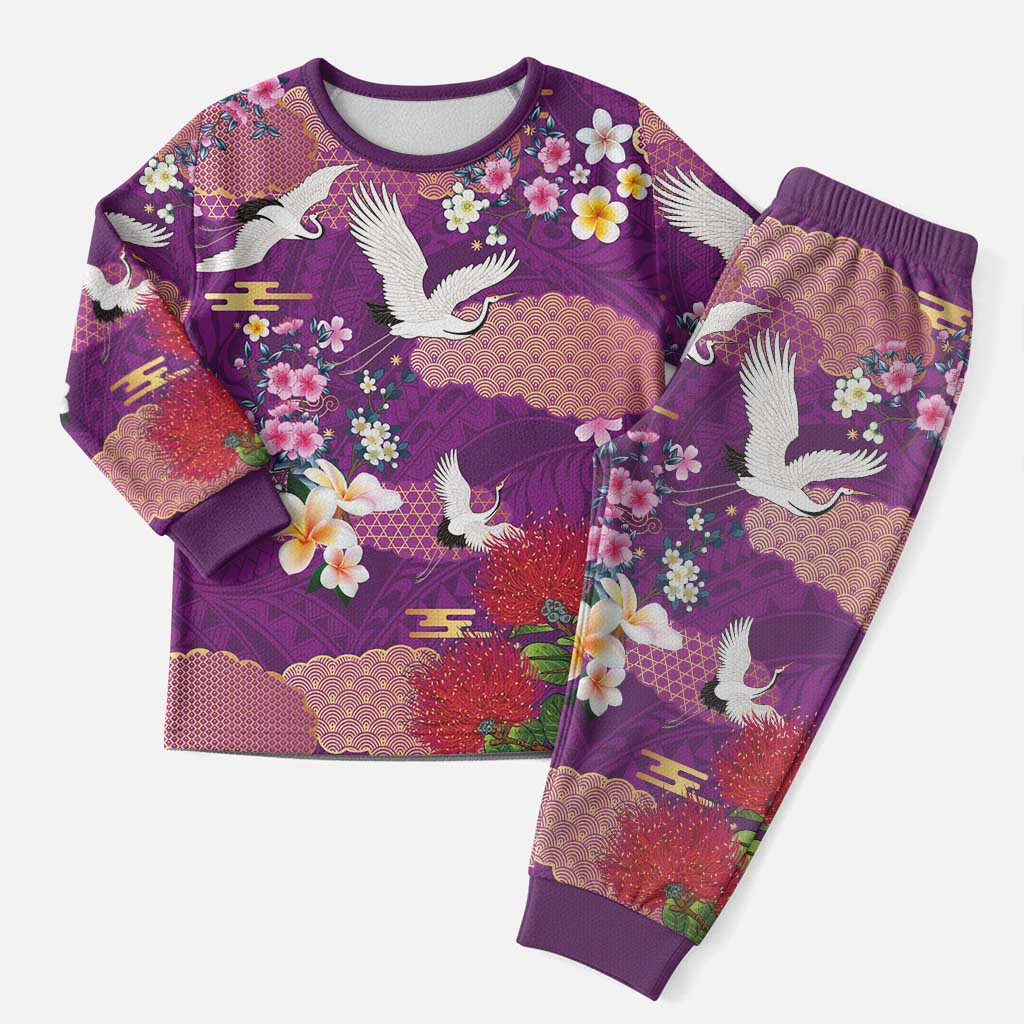 Hawaiian and Japanese Culture Together Christmas Pajama Set Purple Ohia Lehua Plumeria and Sakura Blooming - Polynesian Pride