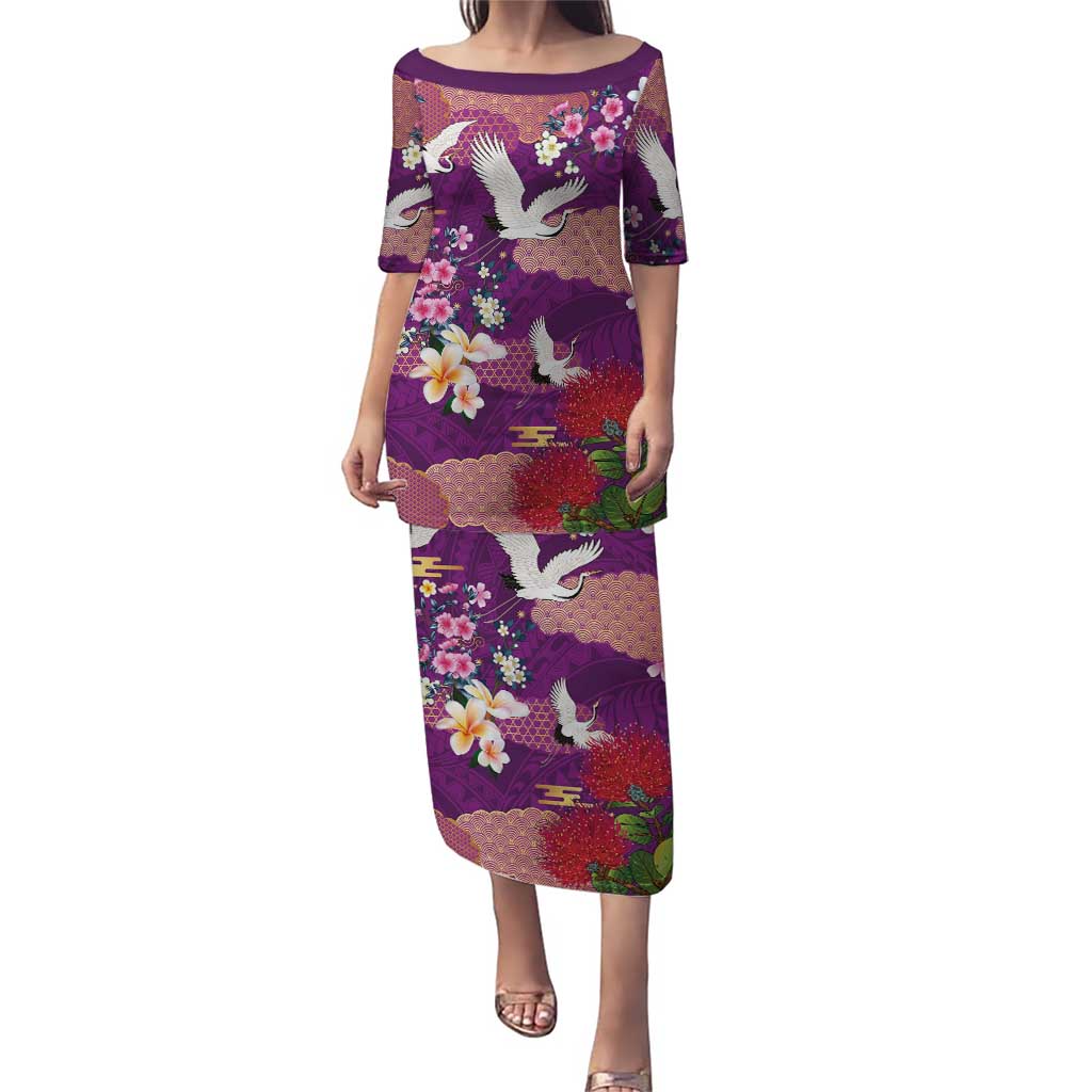 Hawaiian and Japanese Culture Together Puletasi Purple Ohia Lehua Plumeria and Sakura Blooming - Polynesian Pride