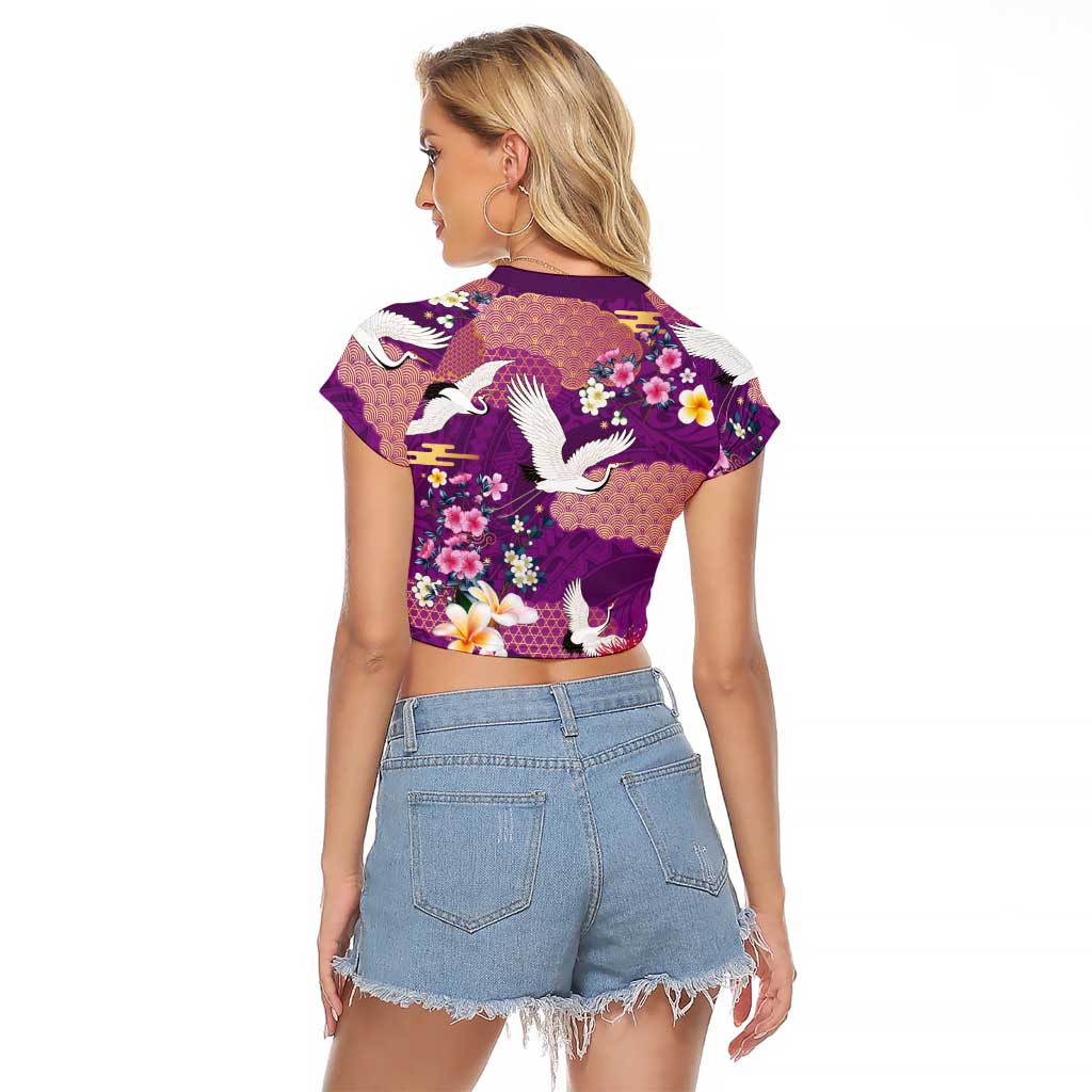 Hawaiian and Japanese Culture Together Raglan Cropped T Shirt Purple Ohia Lehua Plumeria and Sakura Blooming - Polynesian Pride