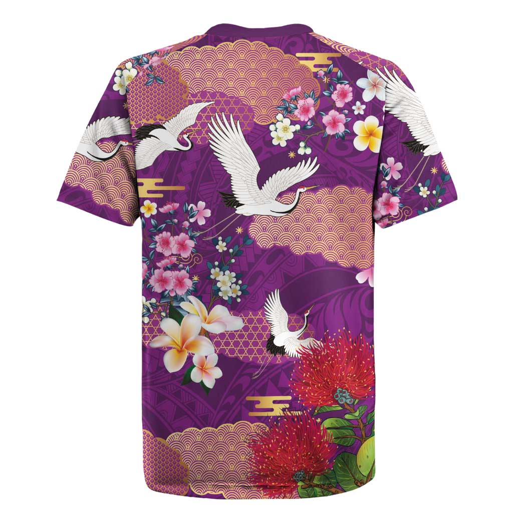 Hawaiian and Japanese Culture Together Rugby Jersey Purple Ohia Lehua Plumeria and Sakura Blooming - Polynesian Pride