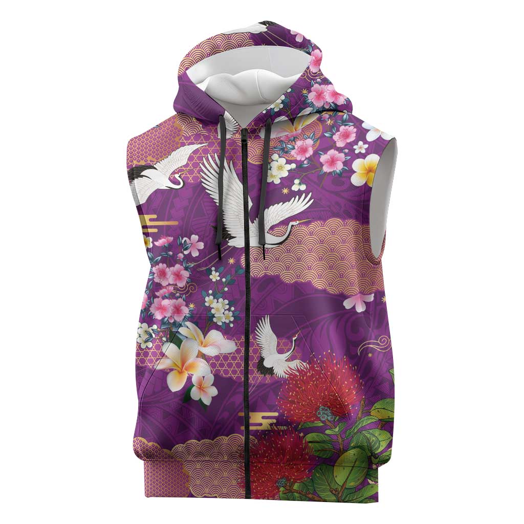 Hawaiian and Japanese Culture Together Sleeveless Zip Hoodie Purple Ohia Lehua Plumeria and Sakura Blooming - Polynesian Pride