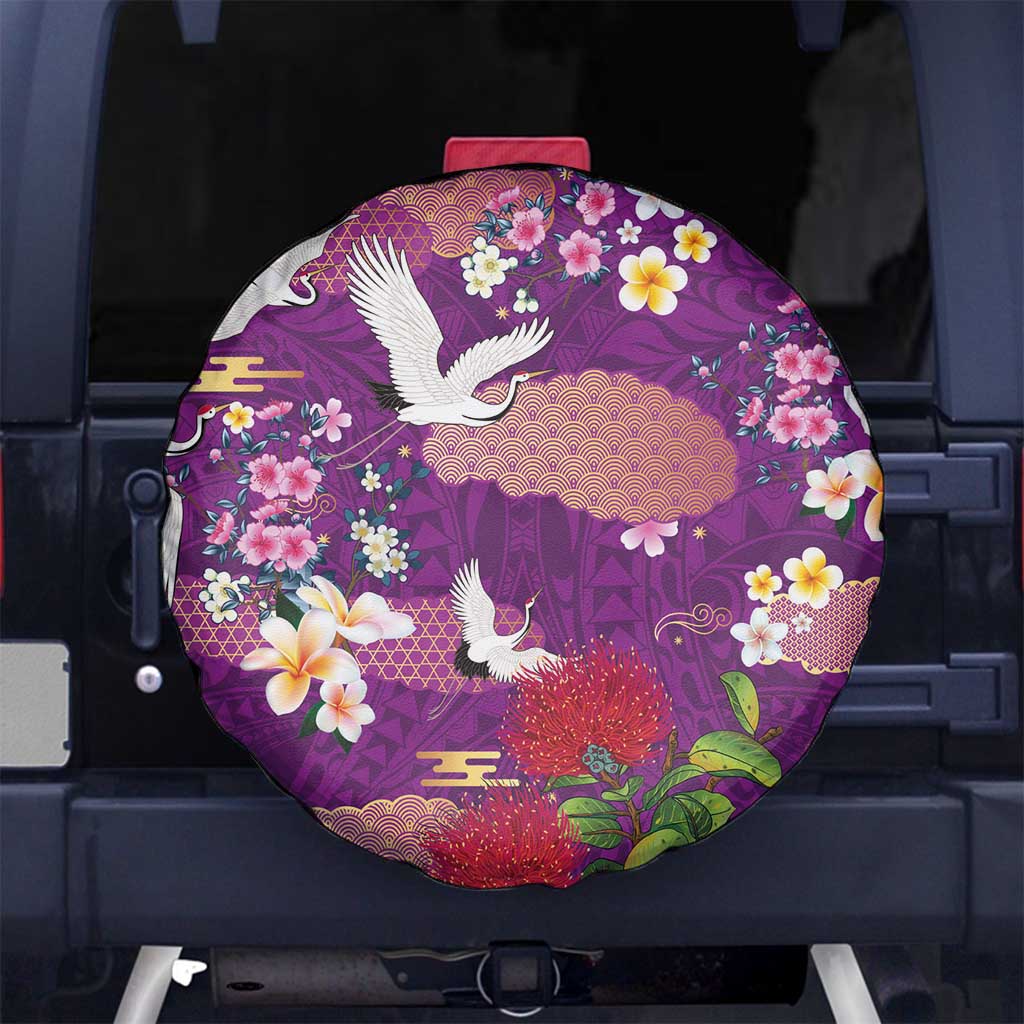 Hawaiian and Japanese Culture Together Spare Tire Cover Purple Ohia Lehua Plumeria and Sakura Blooming LT03 No hole Purple - Polynesian Pride