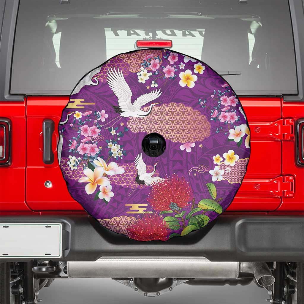 Hawaiian and Japanese Culture Together Spare Tire Cover Purple Ohia Lehua Plumeria and Sakura Blooming LT03 - Polynesian Pride