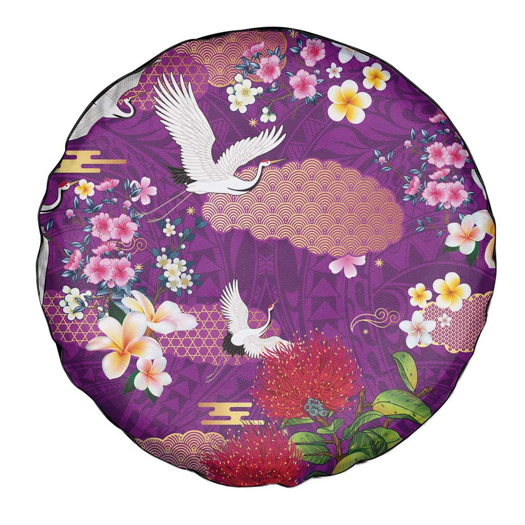 Hawaiian and Japanese Culture Together Spare Tire Cover Purple Ohia Lehua Plumeria and Sakura Blooming LT03 - Polynesian Pride