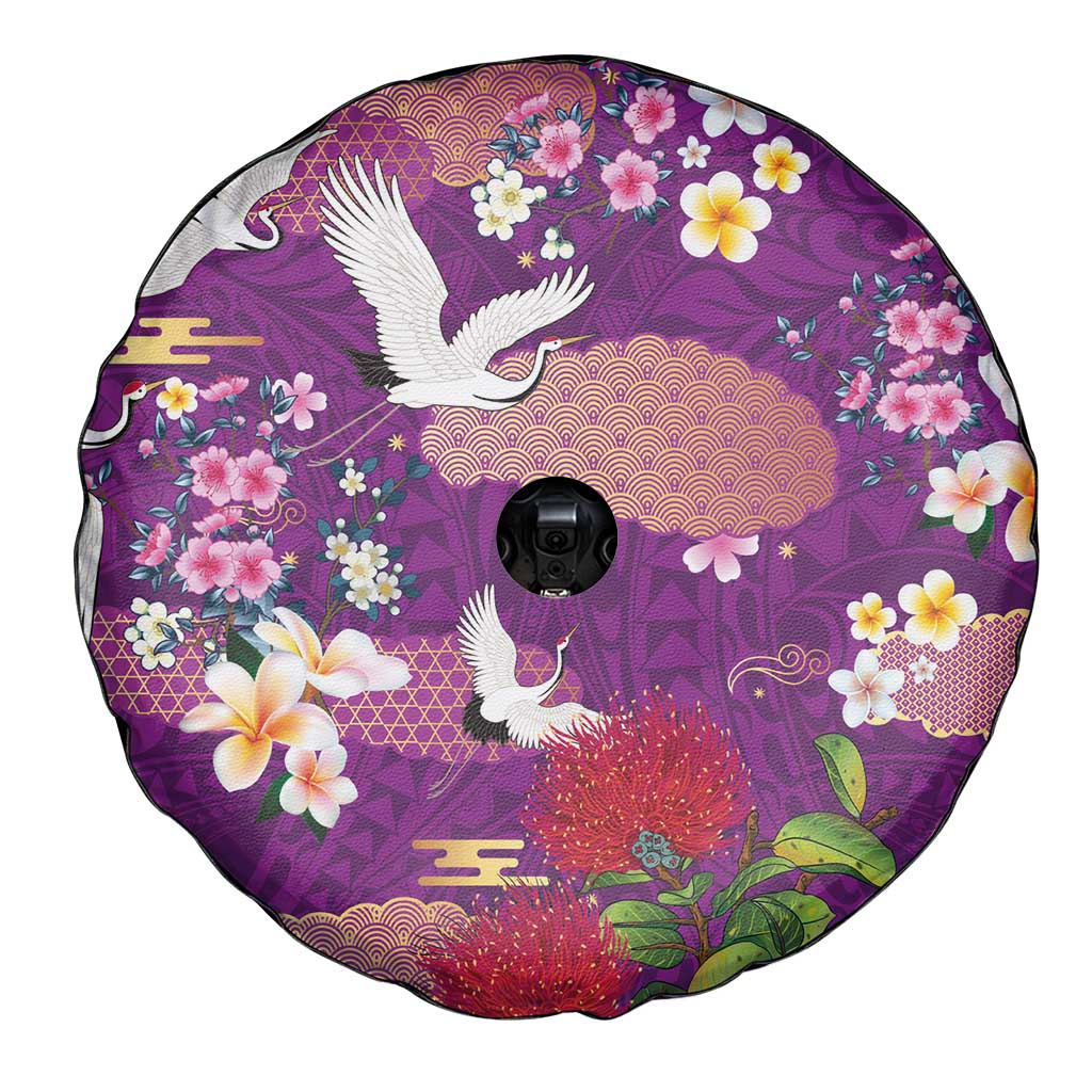 Hawaiian and Japanese Culture Together Spare Tire Cover Purple Ohia Lehua Plumeria and Sakura Blooming LT03 - Polynesian Pride