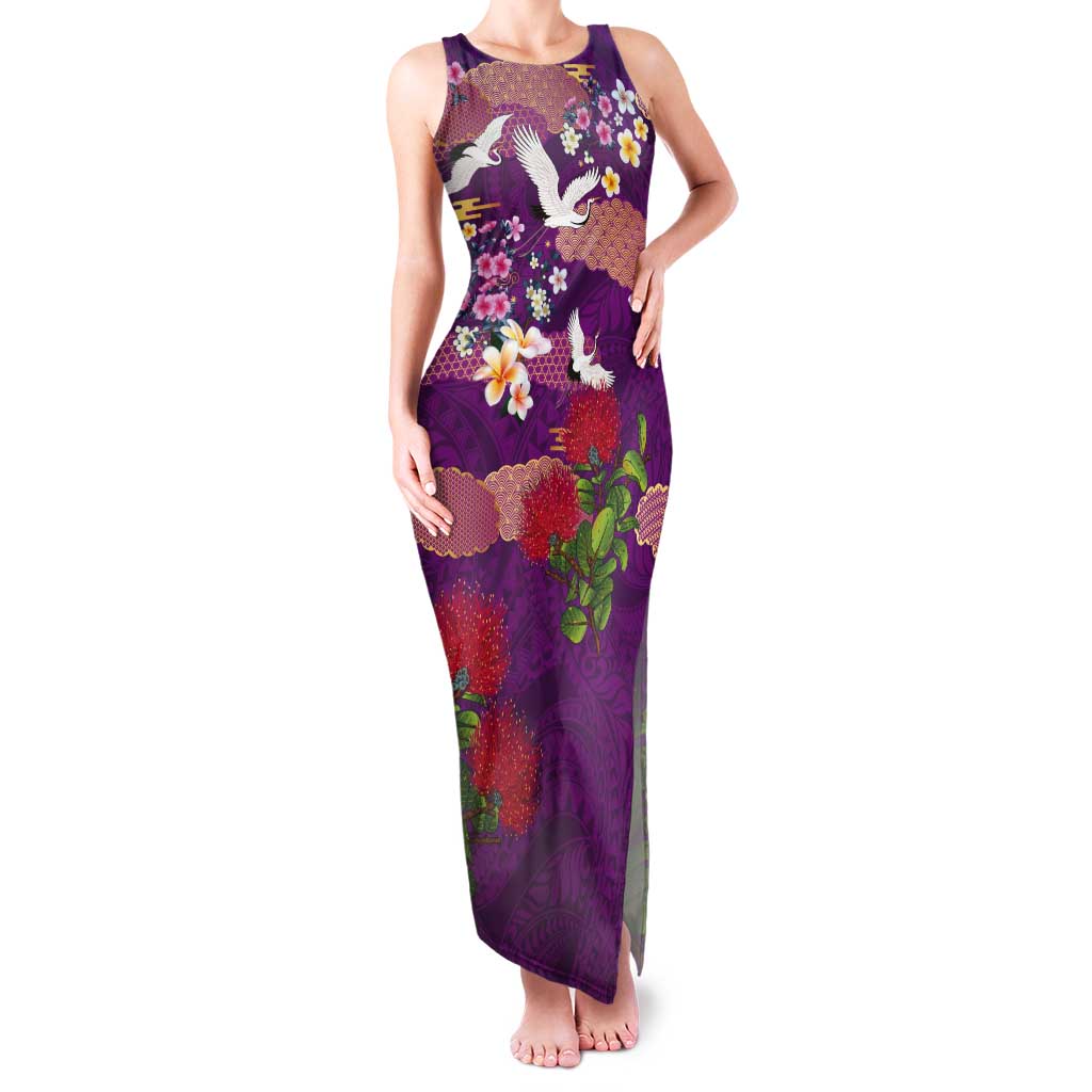 Hawaiian and Japanese Culture Together Tank Maxi Dress Purple Ohia Lehua Plumeria and Sakura Blooming - Polynesian Pride