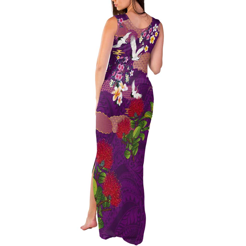 Hawaiian and Japanese Culture Together Tank Maxi Dress Purple Ohia Lehua Plumeria and Sakura Blooming - Polynesian Pride