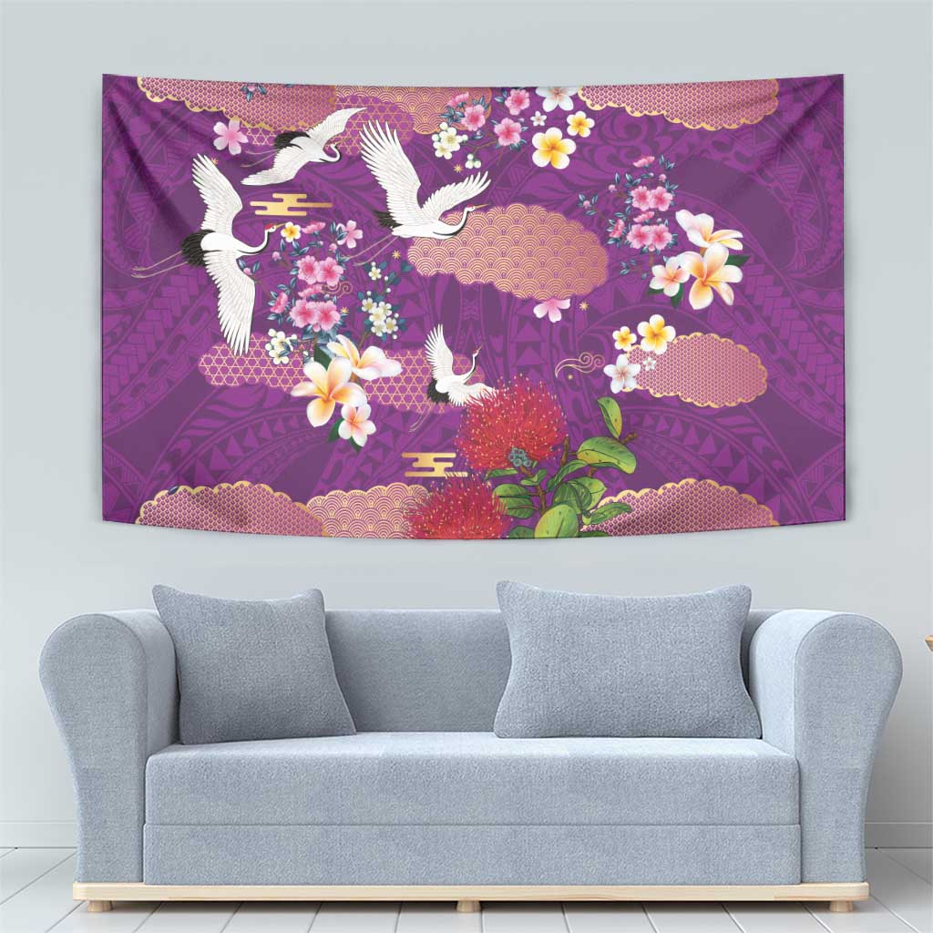Hawaiian and Japanese Culture Together Tapestry Purple Ohia Lehua Plumeria and Sakura Blooming - Polynesian Pride