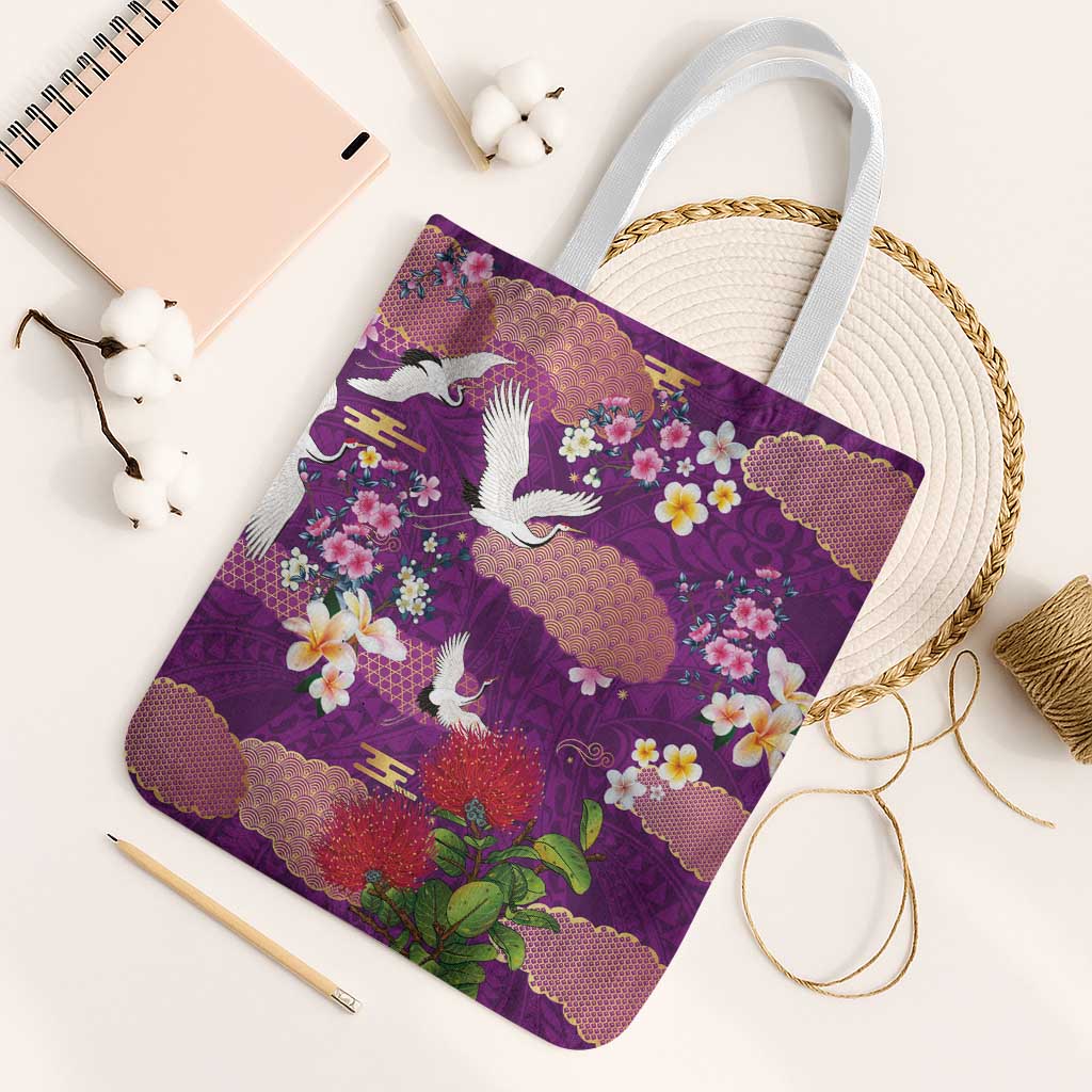 Hawaiian and Japanese Culture Together Tote Bag Purple Ohia Lehua Plumeria and Sakura Blooming - Polynesian Pride