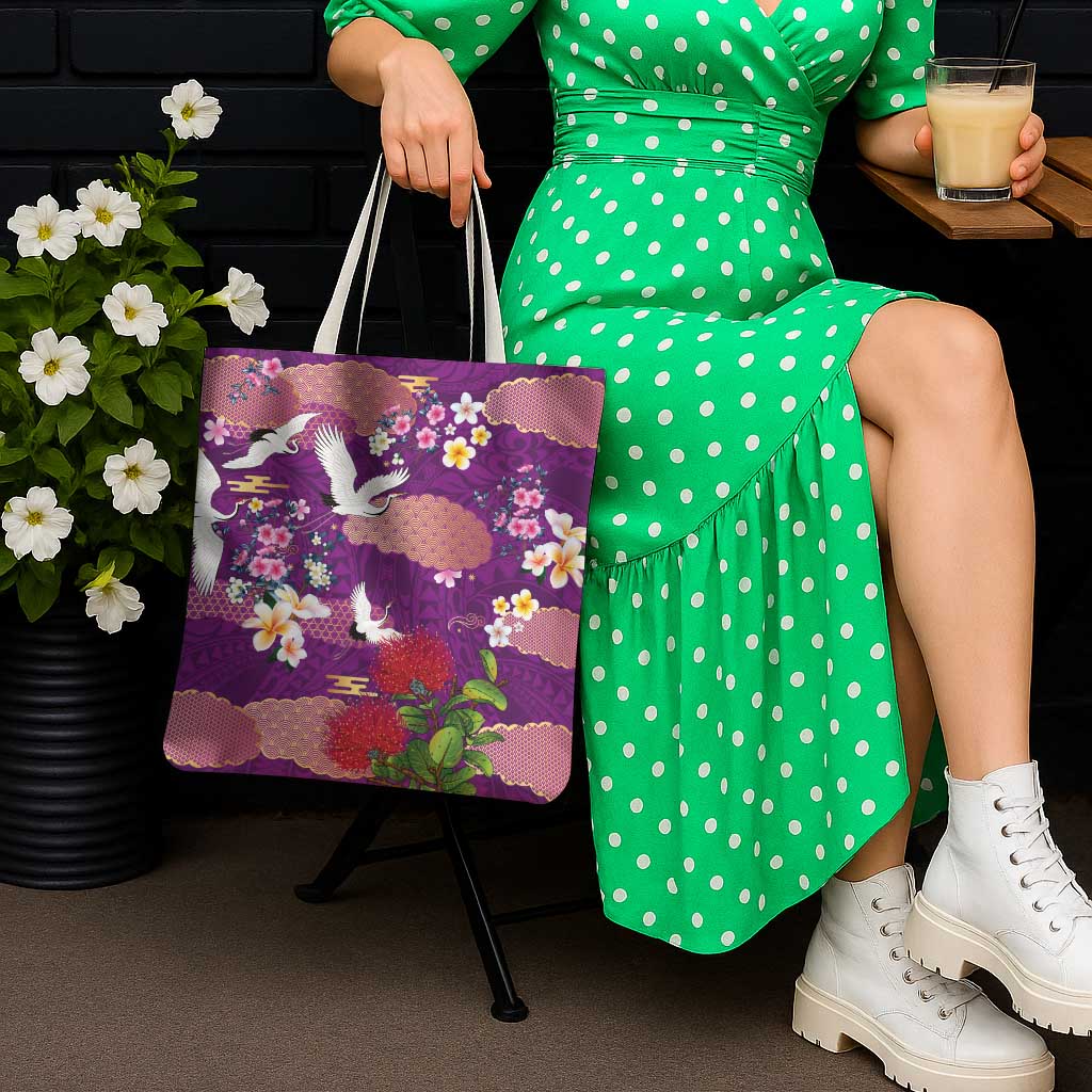 Hawaiian and Japanese Culture Together Tote Bag Purple Ohia Lehua Plumeria and Sakura Blooming - Polynesian Pride