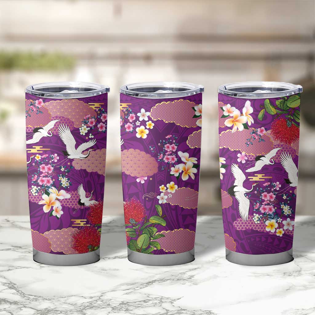 Hawaiian and Japanese Culture Together Tumbler Cup Purple Ohia Lehua Plumeria and Sakura Blooming - Polynesian Pride