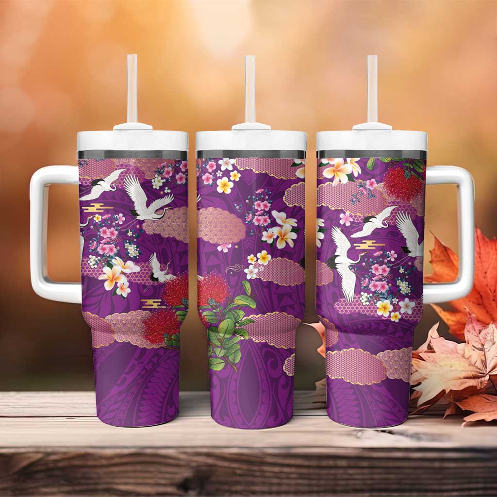 Hawaiian and Japanese Culture Together Tumbler With Handle Purple Ohia Lehua Plumeria and Sakura Blooming - Polynesian Pride