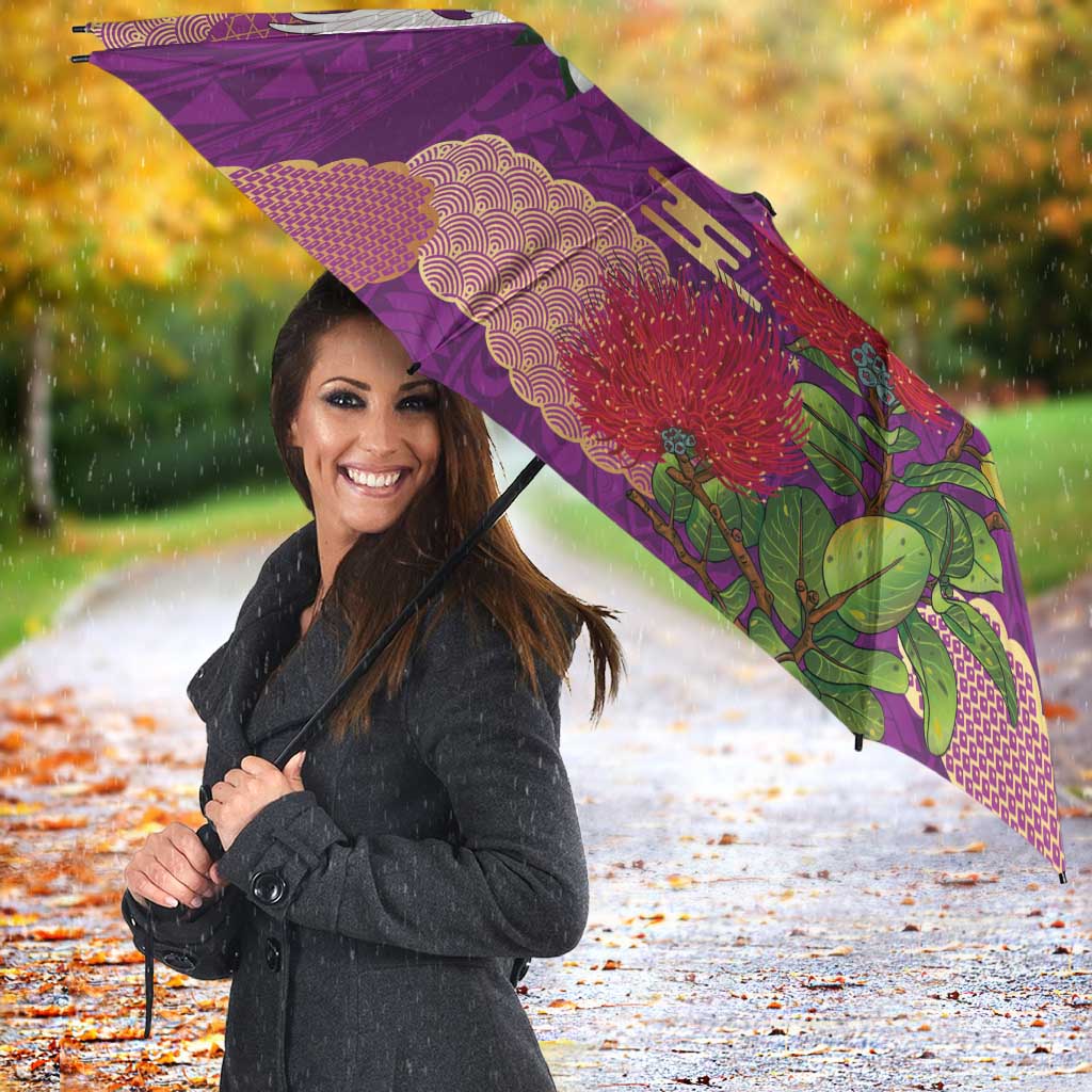 Hawaiian and Japanese Culture Together Umbrella Purple Ohia Lehua Plumeria and Sakura Blooming - Polynesian Pride