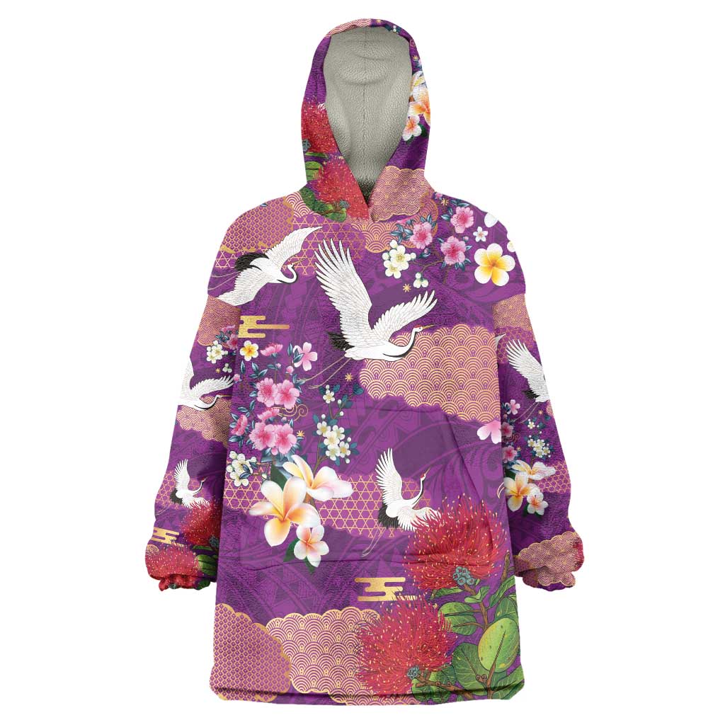 Hawaiian and Japanese Culture Together Wearable Blanket Hoodie Purple Ohia Lehua Plumeria and Sakura Blooming - Polynesian Pride