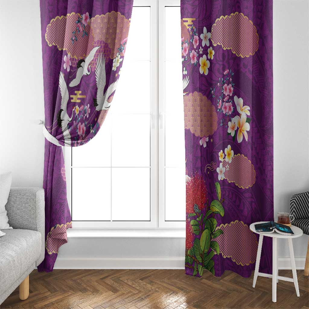 Hawaiian and Japanese Culture Together Window Curtain Purple Ohia Lehua Plumeria and Sakura Blooming - Polynesian Pride