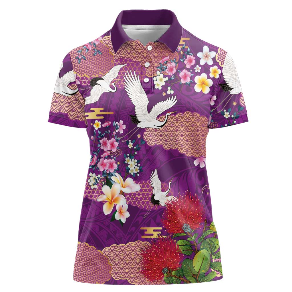 Hawaiian and Japanese Culture Together Women Polo Shirt Purple Ohia Lehua Plumeria and Sakura Blooming - Polynesian Pride