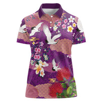 Hawaiian and Japanese Culture Together Women Polo Shirt Purple Ohia Lehua Plumeria and Sakura Blooming - Polynesian Pride