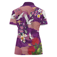 Hawaiian and Japanese Culture Together Women Polo Shirt Purple Ohia Lehua Plumeria and Sakura Blooming - Polynesian Pride