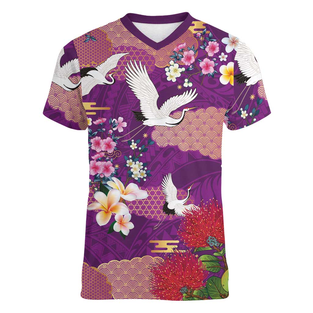 Hawaiian and Japanese Culture Together Women V-Neck T-Shirt Purple Ohia Lehua Plumeria and Sakura Blooming - Polynesian Pride