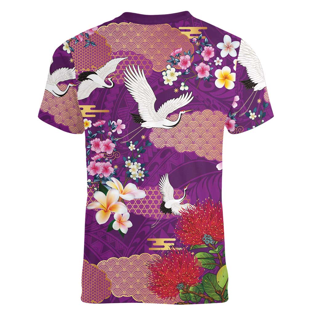 Hawaiian and Japanese Culture Together Women V-Neck T-Shirt Purple Ohia Lehua Plumeria and Sakura Blooming - Polynesian Pride