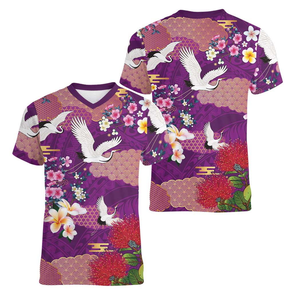 Hawaiian and Japanese Culture Together Women V-Neck T-Shirt Purple Ohia Lehua Plumeria and Sakura Blooming - Polynesian Pride