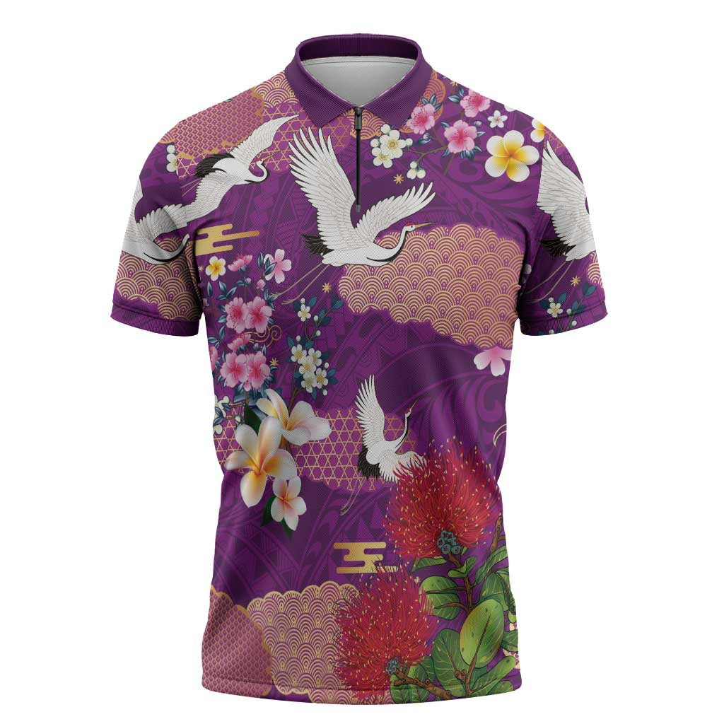 Hawaiian and Japanese Culture Together Zipper Polo Shirt Purple Ohia Lehua Plumeria and Sakura Blooming - Polynesian Pride