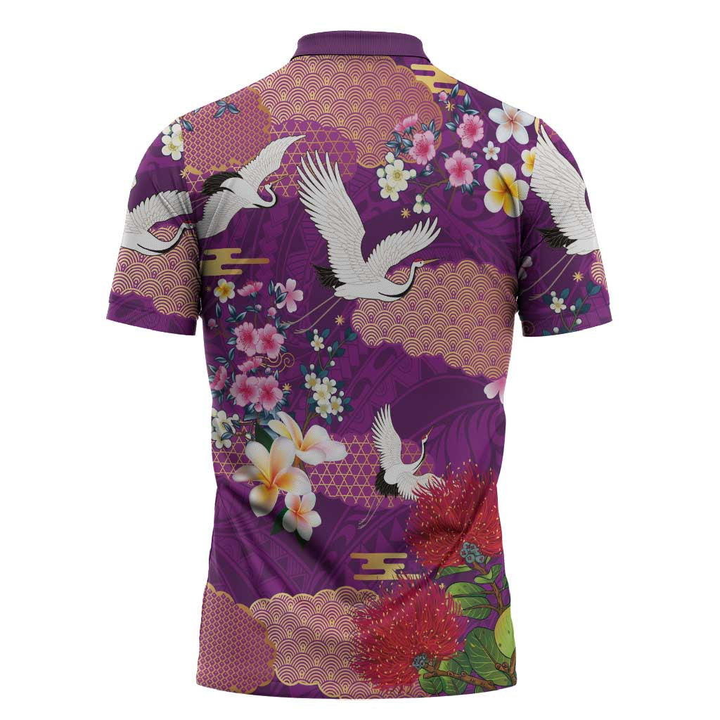 Hawaiian and Japanese Culture Together Zipper Polo Shirt Purple Ohia Lehua Plumeria and Sakura Blooming - Polynesian Pride
