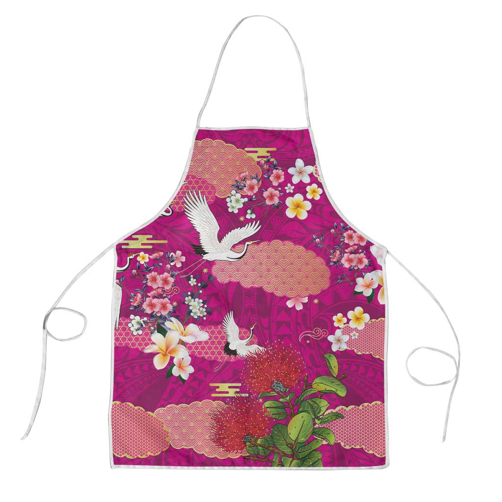 Hawaiian and Japanese Culture Together Apron Pink Ohia Lehua Plumeria and Sakura Blooming - Polynesian Pride