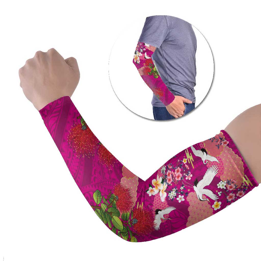 Hawaiian and Japanese Culture Together Arm Sleeves Pink Ohia Lehua Plumeria and Sakura Blooming - Polynesian Pride
