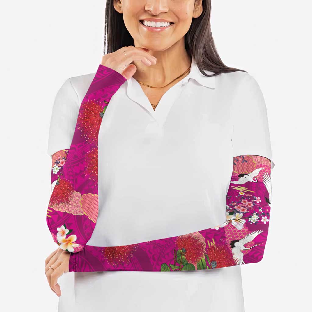 Hawaiian and Japanese Culture Together Arm Sleeves Pink Ohia Lehua Plumeria and Sakura Blooming - Polynesian Pride