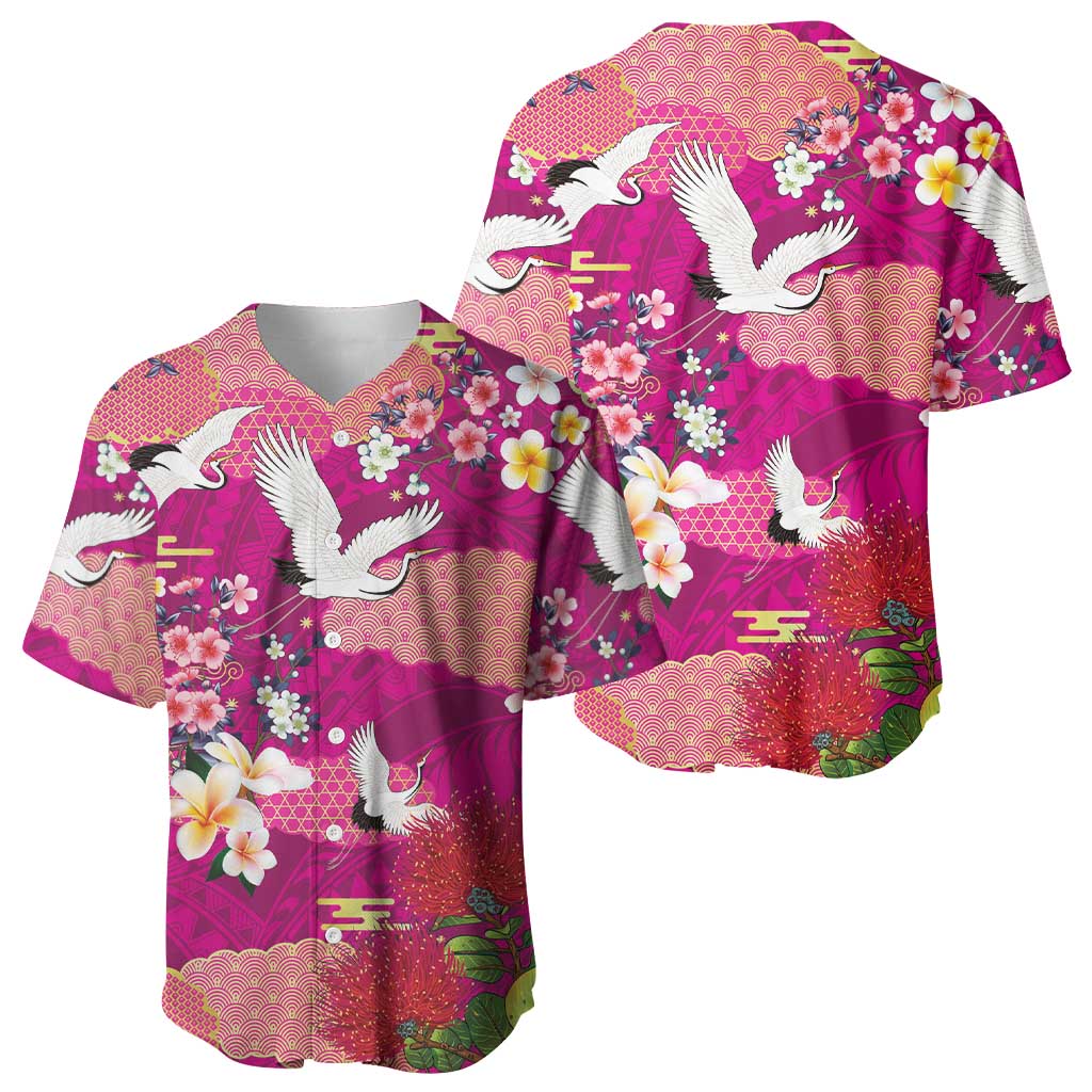 Hawaiian and Japanese Culture Together Baseball Jersey Pink Ohia Lehua Plumeria and Sakura Blooming - Polynesian Pride