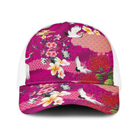 Hawaiian and Japanese Culture Together Baseball Net Cap Pink Ohia Lehua Plumeria and Sakura Blooming - Polynesian Pride