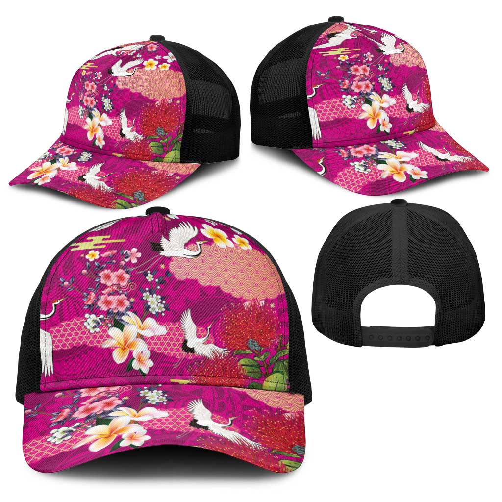 Hawaiian and Japanese Culture Together Baseball Net Cap Pink Ohia Lehua Plumeria and Sakura Blooming - Polynesian Pride