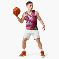 Hawaiian and Japanese Culture Together Basketball Jersey Pink Ohia Lehua Plumeria and Sakura Blooming - Polynesian Pride