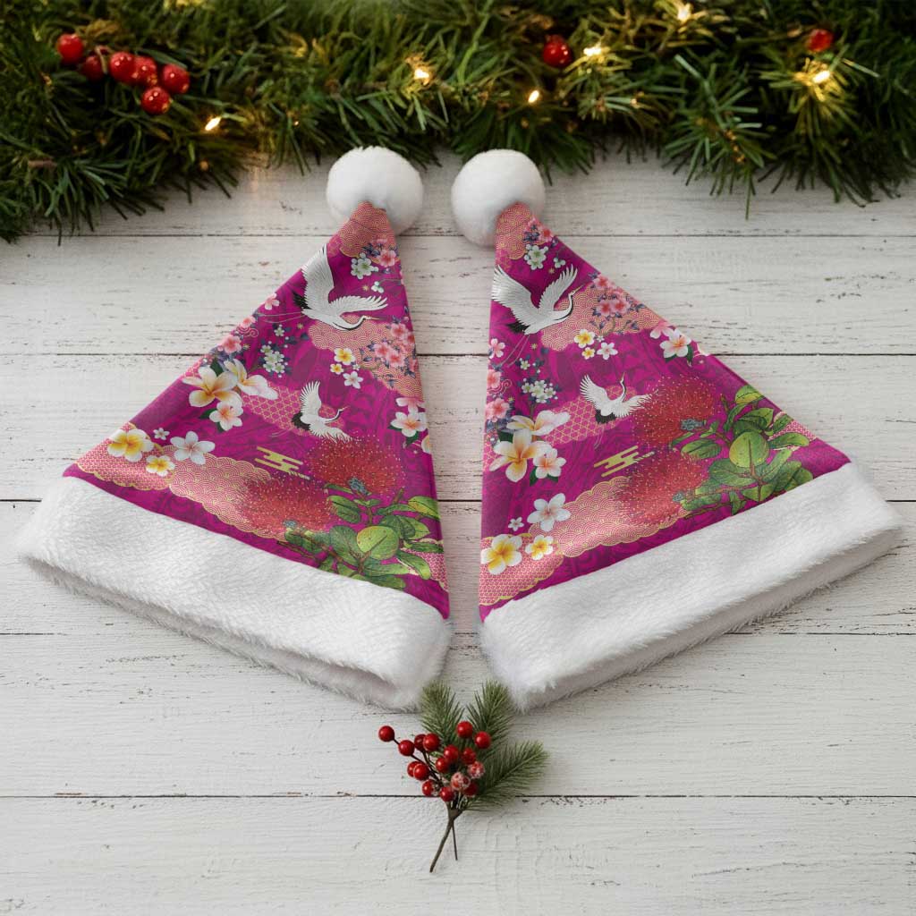 Hawaiian and Japanese Culture Together Christmas Santa Hat Pink Ohia Lehua Plumeria and Sakura Blooming - Polynesian Pride