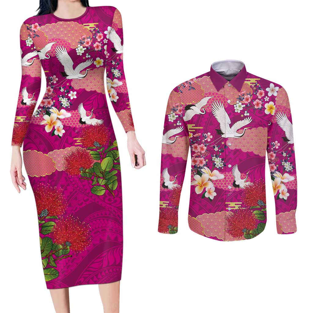 Hawaiian and Japanese Culture Together Couples Matching Long Sleeve Bodycon Dress and Long Sleeve Button Shirt Pink Ohia Lehua Plumeria and Sakura Blooming LT03 Pink - Polynesian Pride