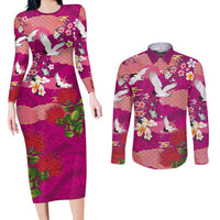 Hawaiian and Japanese Culture Together Couples Matching Long Sleeve Bodycon Dress and Long Sleeve Button Shirt Pink Ohia Lehua Plumeria and Sakura Blooming LT03 Pink - Polynesian Pride