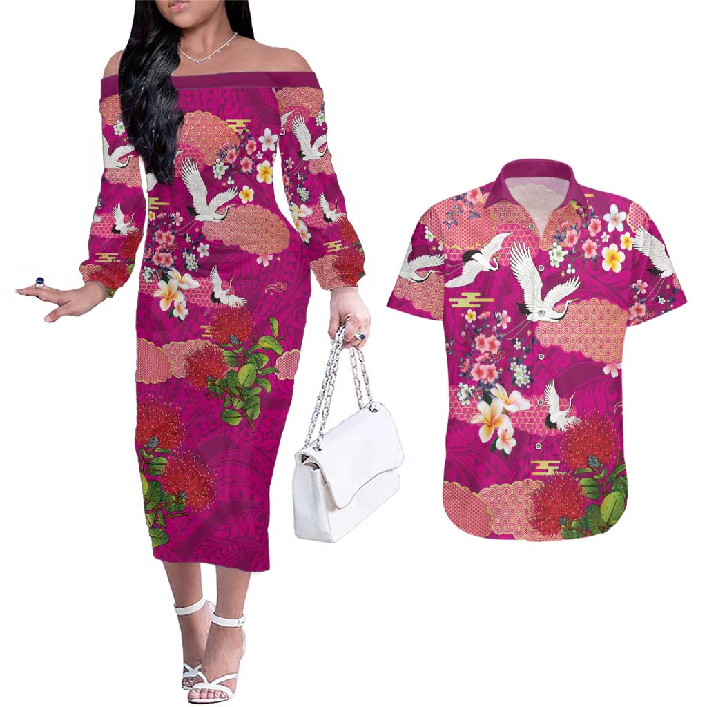 Hawaiian and Japanese Culture Together Couples Matching Off The Shoulder Long Sleeve Dress and Hawaiian Shirt Pink Ohia Lehua Plumeria and Sakura Blooming LT03 Pink - Polynesian Pride