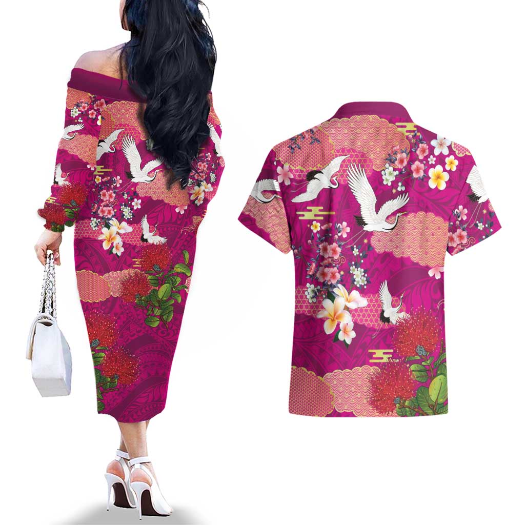 Hawaiian and Japanese Culture Together Couples Matching Off The Shoulder Long Sleeve Dress and Hawaiian Shirt Pink Ohia Lehua Plumeria and Sakura Blooming LT03 - Polynesian Pride