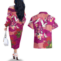 Hawaiian and Japanese Culture Together Couples Matching Off The Shoulder Long Sleeve Dress and Hawaiian Shirt Pink Ohia Lehua Plumeria and Sakura Blooming LT03 - Polynesian Pride