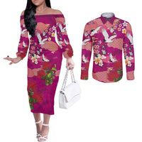 Hawaiian and Japanese Culture Together Couples Matching Off The Shoulder Long Sleeve Dress and Long Sleeve Button Shirt Pink Ohia Lehua Plumeria and Sakura Blooming LT03 Pink - Polynesian Pride