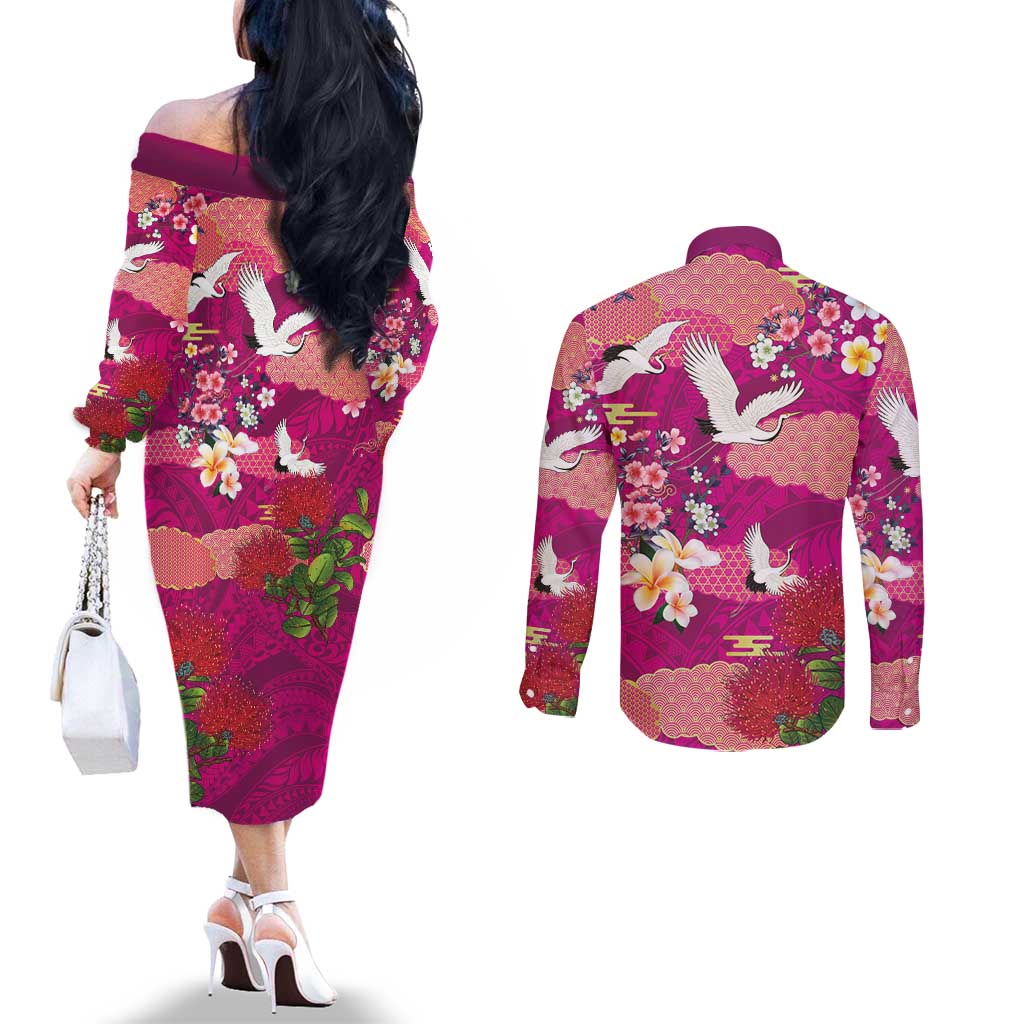 Hawaiian and Japanese Culture Together Couples Matching Off The Shoulder Long Sleeve Dress and Long Sleeve Button Shirt Pink Ohia Lehua Plumeria and Sakura Blooming LT03 - Polynesian Pride