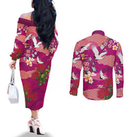 Hawaiian and Japanese Culture Together Couples Matching Off The Shoulder Long Sleeve Dress and Long Sleeve Button Shirt Pink Ohia Lehua Plumeria and Sakura Blooming LT03 - Polynesian Pride
