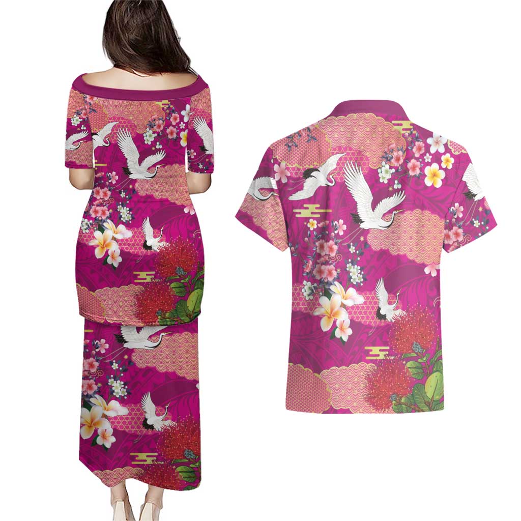 Hawaiian and Japanese Culture Together Couples Matching Puletasi and Hawaiian Shirt Pink Ohia Lehua Plumeria and Sakura Blooming - Polynesian Pride