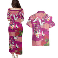 Hawaiian and Japanese Culture Together Couples Matching Puletasi and Hawaiian Shirt Pink Ohia Lehua Plumeria and Sakura Blooming - Polynesian Pride