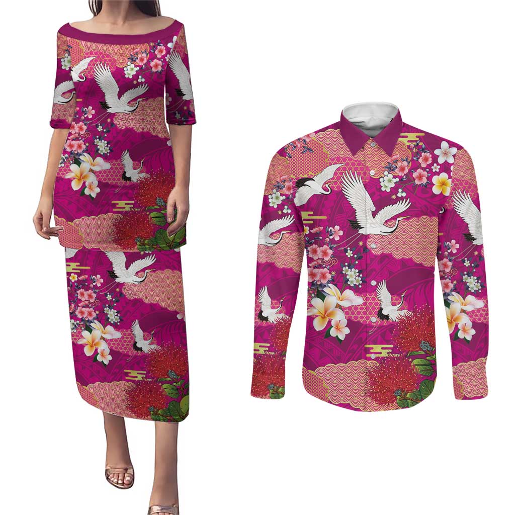 Hawaiian and Japanese Culture Together Couples Matching Puletasi and Long Sleeve Button Shirt Pink Ohia Lehua Plumeria and Sakura Blooming - Polynesian Pride