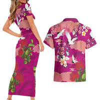 Hawaiian and Japanese Culture Together Couples Matching Short Sleeve Bodycon Dress and Hawaiian Shirt Pink Ohia Lehua Plumeria and Sakura Blooming - Polynesian Pride